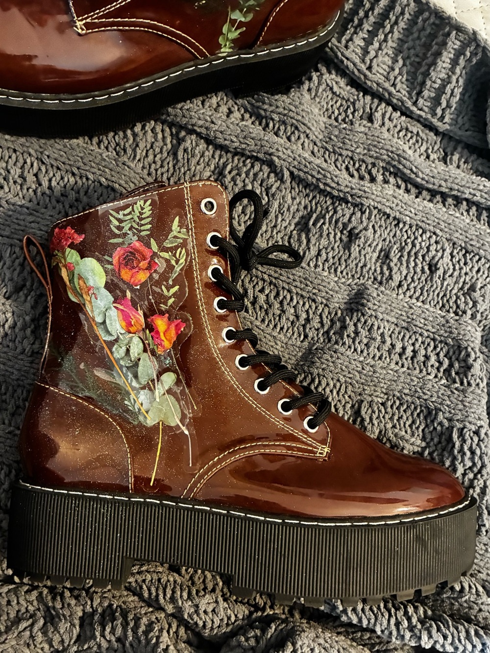 DIY Whimsical Cottage Core Glitter Floral Brown Wedge Combat Boots Unique - Picture 3 of 15